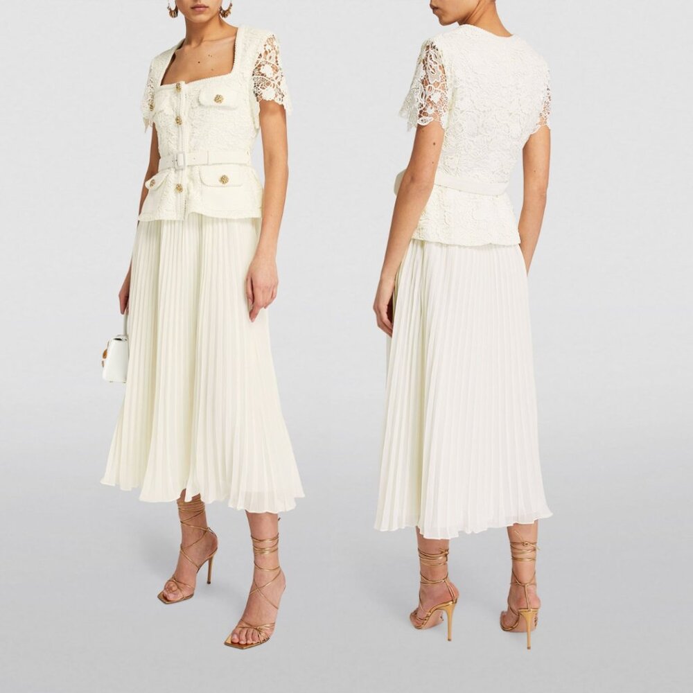 NWT Self-Portrait Guipure Lace Midi Dress Cream Sz 8 Pleated Skirt Square Neck